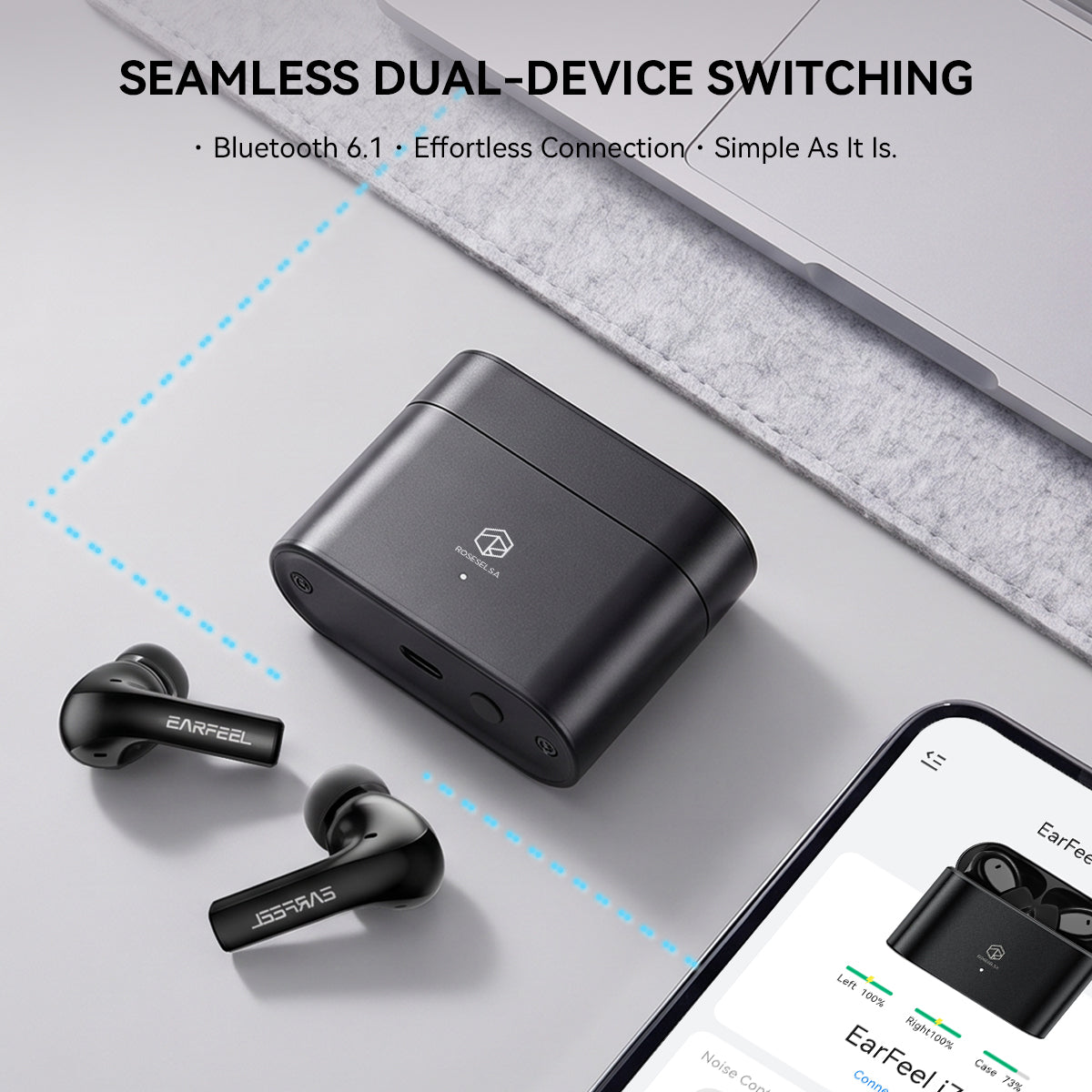 ROSESELSA EARFEEL i7 TWS Earbuds Hybrid Active Noise Cancelling Headphones, LDAC LHDC HiFi Sound, 55dB ANC, IPX4, 57H Battery Bluetooth 6.1 LC3 30ms Latency