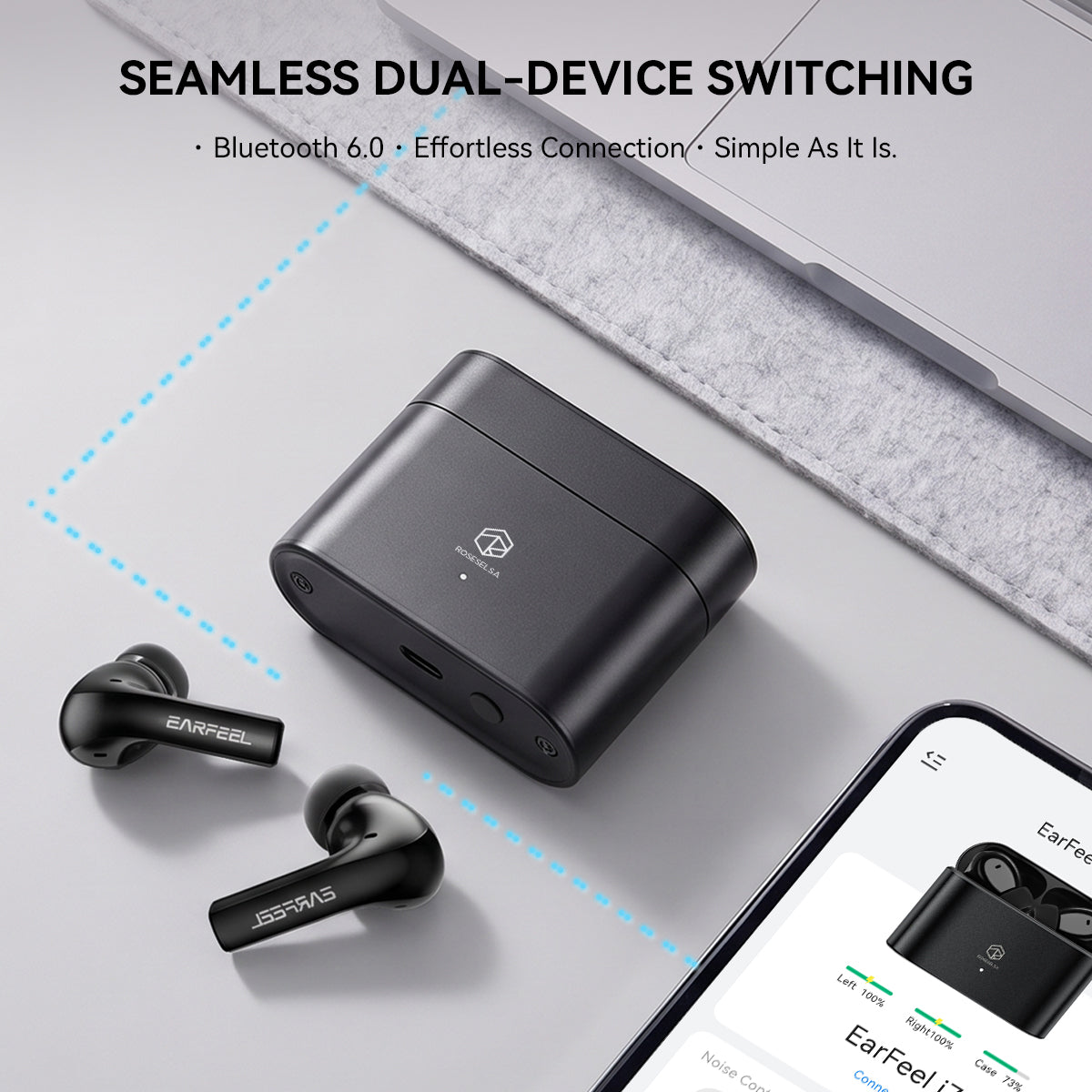 ROSESELSA EARFEEL i7 TWS Earbuds Hybrid Active Noise Cancelling Headphones LDAC LHDC HiFi Sound 55dB ANC 57H Battery Bluetooth 6.1 LC3 30ms Latency
