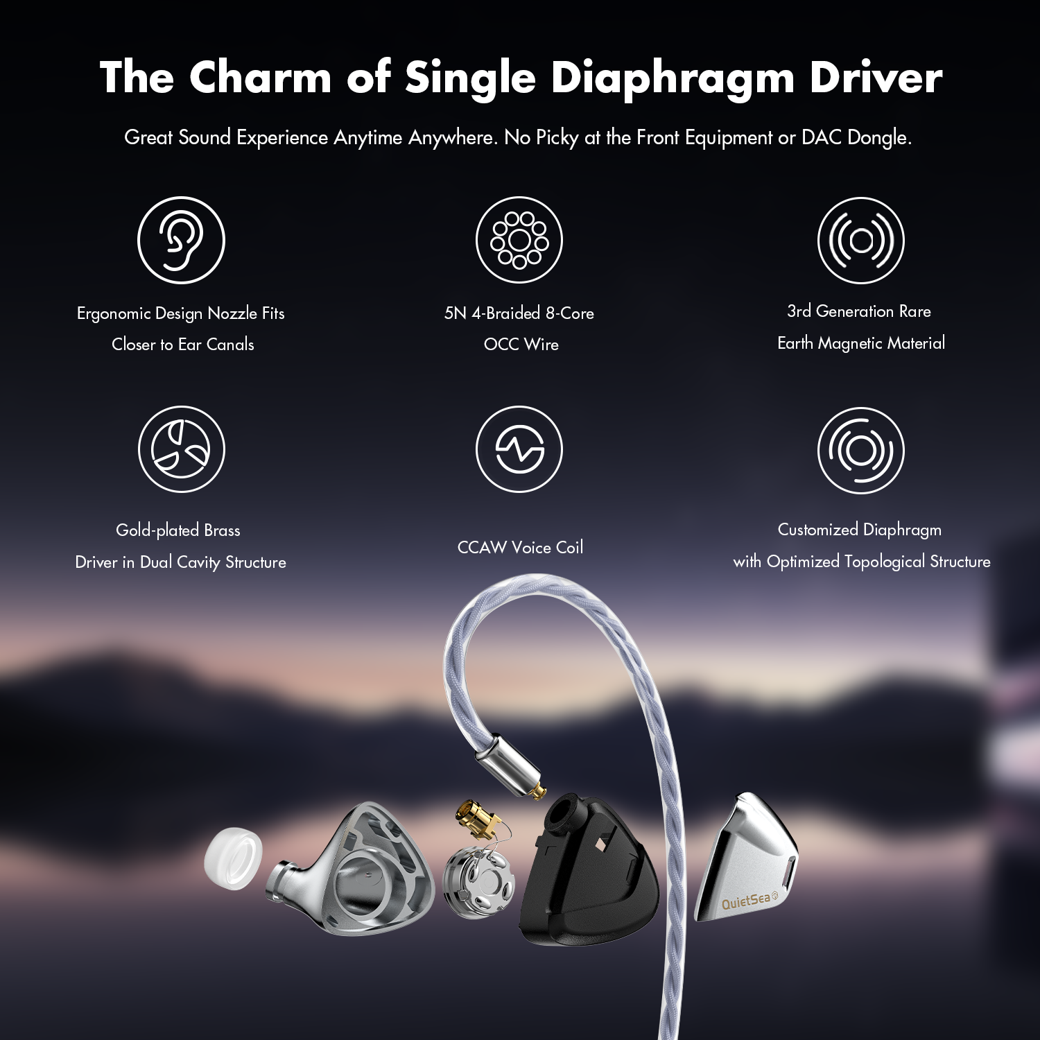 ROSESELSA QuietSea Dynamic Diaphragm Driver In Ear Monitors, HIFI Wired Earphones with IEM Cable