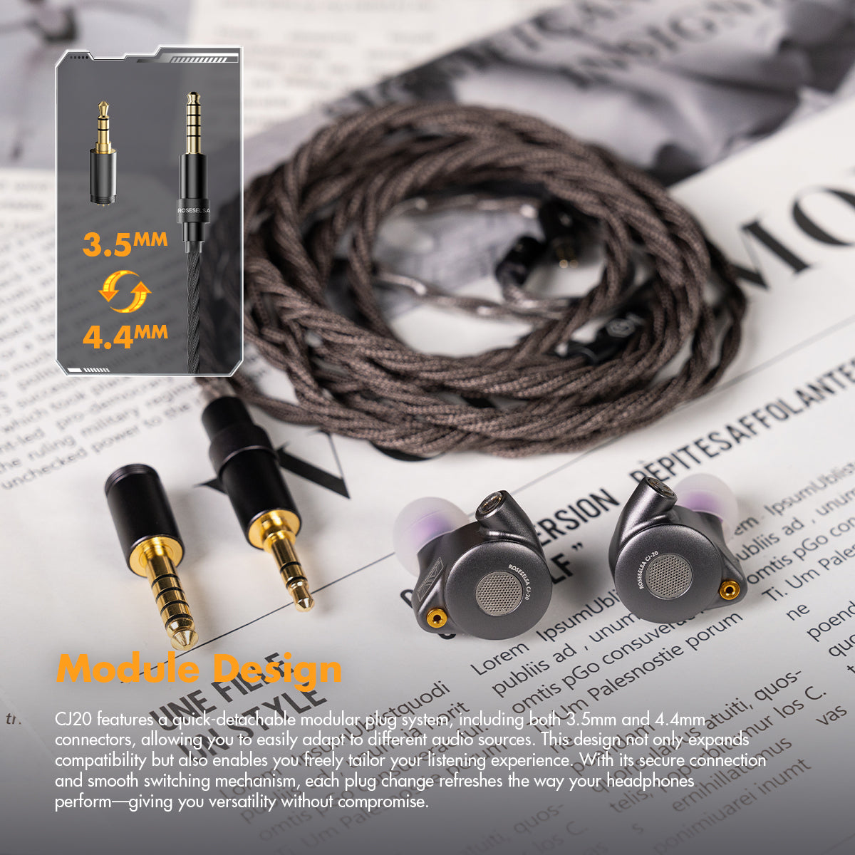 ROSESELSA x AAV CJ20 Planar Magnetic Driver HIFI In Ear Monitors, 1PM Wired Earphones High Fidelity with Module IEM Cable 3.5mm/4.4mm Metal Cavity