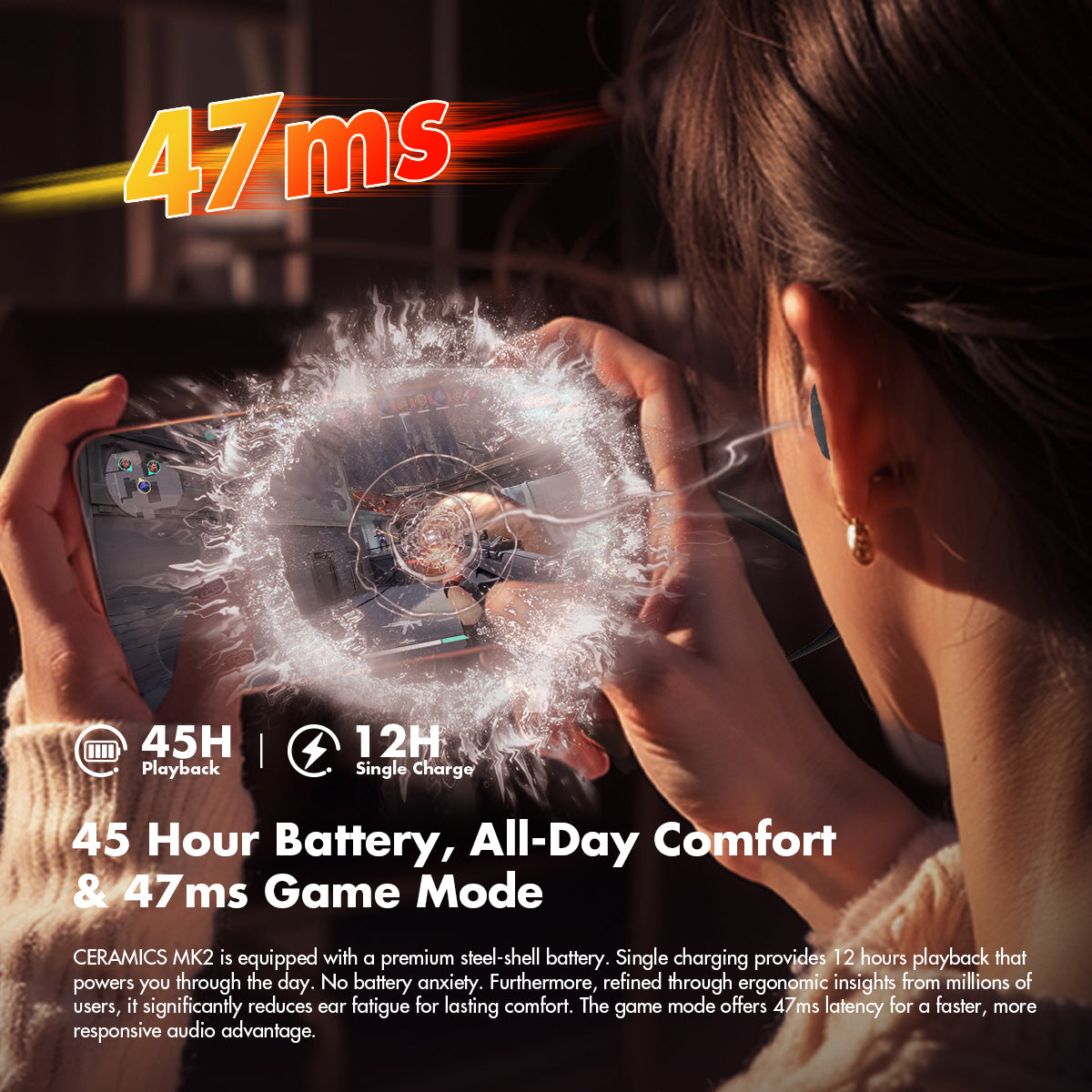 CERAMICS MK2 True Wireless Earbuds, 40dB Active Noise Cancelling Earphones, Bluetooth 6.0, Hi-Res LDAC, IPX4 Sweat Resistant, 45H Playtime, HD Mics, Game Mode, Dual Connectivity