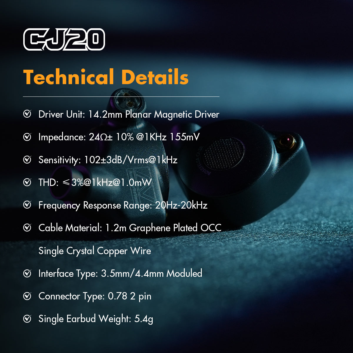 ROSESELSA x AAV CJ20 Planar Magnetic Driver HIFI In Ear Monitors, 1PM Wired Earphones High Fidelity with Module IEM Cable 3.5mm/4.4mm Metal Cavity