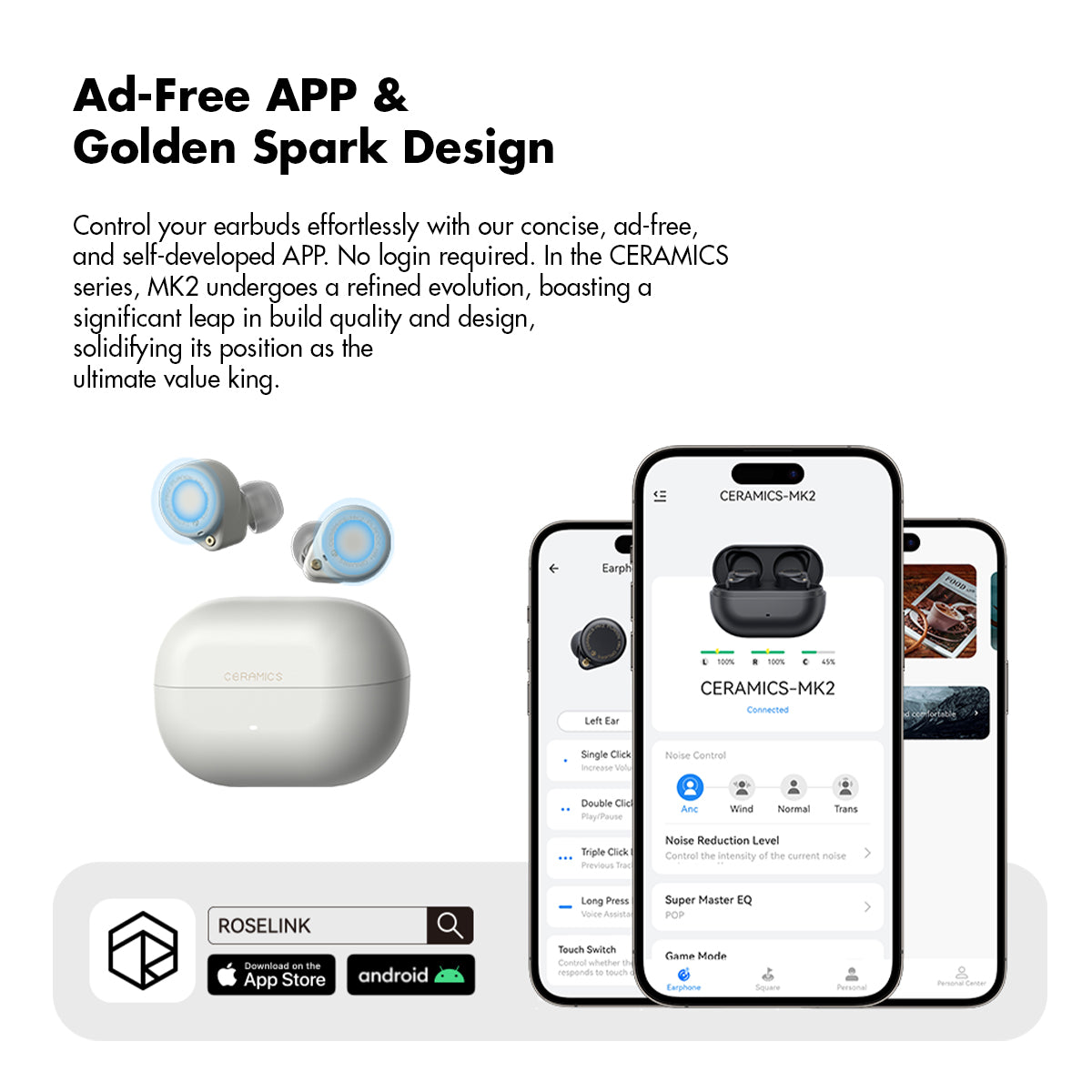 ROSESELSA CERAMICS MK2 True Wireless Earbuds, 40dB Active Noise Cancelling Earphones, Bluetooth 6.0, Hi-Res LDAC, IPX4 Sweat Resistant, 45H Playtime, HD Mics, Game Mode, Dual Connectivity