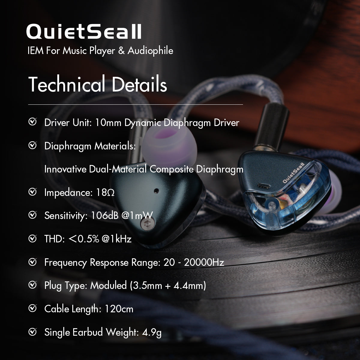 ROSESELSA QuietSea II Dynamic Diaphragm Driver In Ear Monitors, 1DD HIFI Wired Earphones with Module IEM Cable