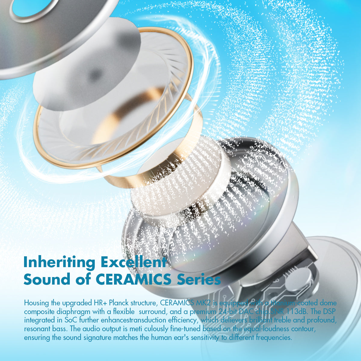 CERAMICS MK2 True Wireless Earbuds, 40dB Active Noise Cancelling Earphones, Bluetooth 6.0, Hi-Res LDAC, IPX4 Sweat Resistant, 45H Playtime, HD Mics, Game Mode, Dual Connectivity