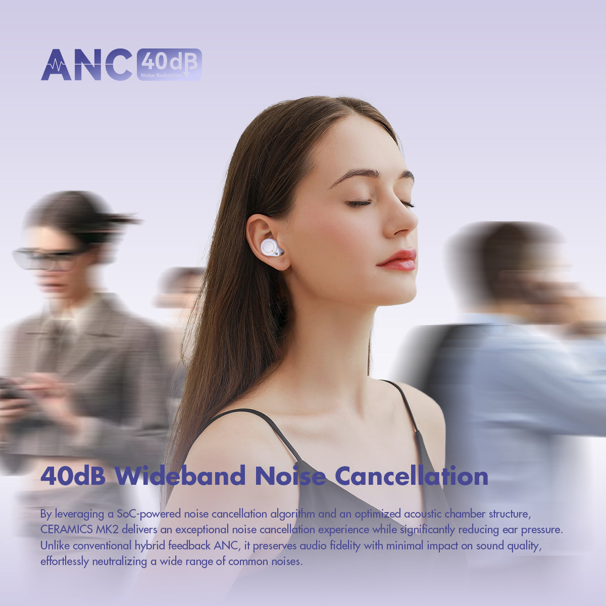 CERAMICS MK2 True Wireless Earbuds, 40dB Active Noise Cancelling Earphones, Bluetooth 6.0, Hi-Res LDAC, IPX4 Sweat Resistant, 45H Playtime, HD Mics, Game Mode, Dual Connectivity