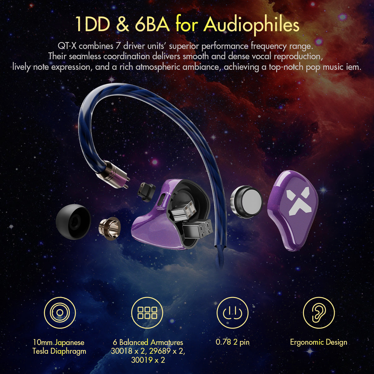 ROSESELSA QT-X, 1DD+6BA Hybrid In Ear Monitors, Wired Earphones for Audiophiles, with 0.78 2 Pin Detachable IEM Cable, ESS9039Q2M DAC
