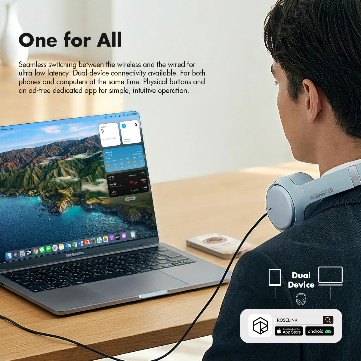 ROSESELSA CAMBRIAN Over Ear Wireless Headsets Active Noise Cancellation Detachable Cable Ultra Low Latency 100H Battery Life OOTD