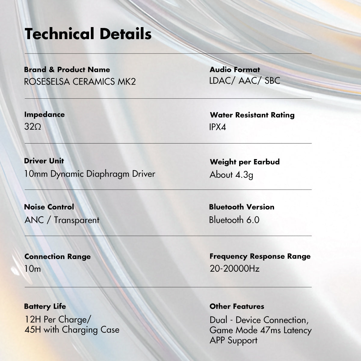 CERAMICS MK2 True Wireless Earbuds, 40dB Active Noise Cancelling Earphones, Bluetooth 6.0, Hi-Res LDAC, IPX4 Sweat Resistant, 45H Playtime, HD Mics, Game Mode, Dual Connectivity