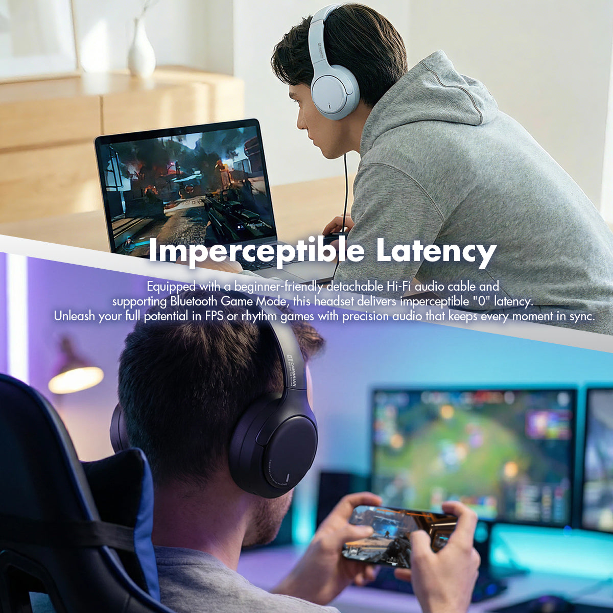 ROSESELSA CAMBRIAN Over Ear Wireless Headsets Active Noise Cancellation Detachable Cable Ultra Low Latency 100H Battery Life OOTD